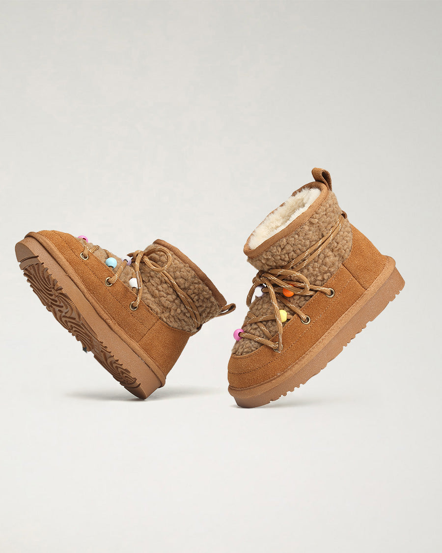 Ready Teddy Kids Lace-Up Sherpa Boots in Chestnut