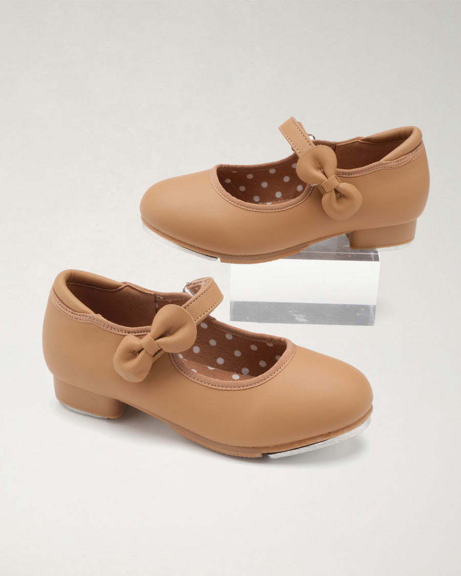 Tan Kids Adjustable Strap Tap Shoes with Bow Embellishment