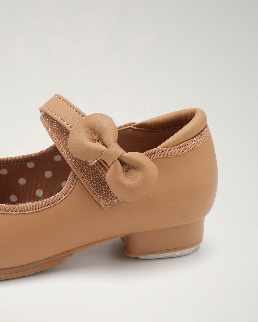 Tan Kids Adjustable Strap Tap Shoes with Bow Embellishment