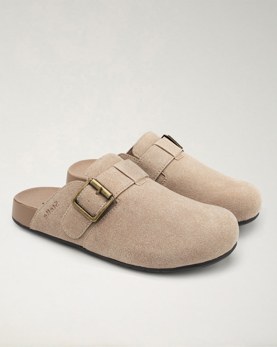 Taupe Square Buckle Suede Clogs