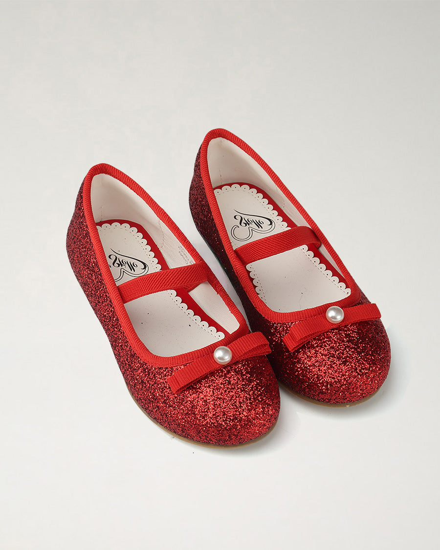 Red Girls Glitter Ballet Flats | Kids Dress Shoes with Strap