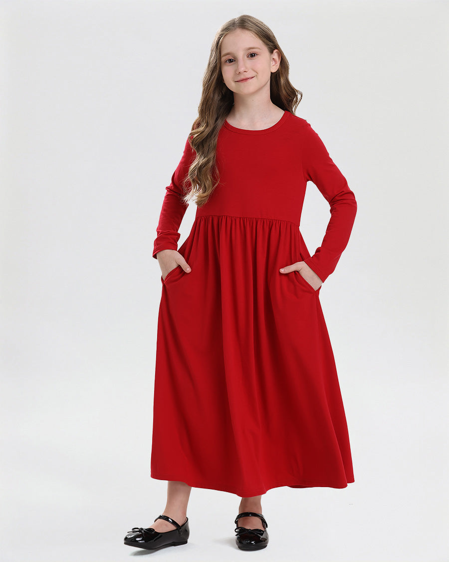 Girls Long Sleeve Knit Maxi Dress in Red