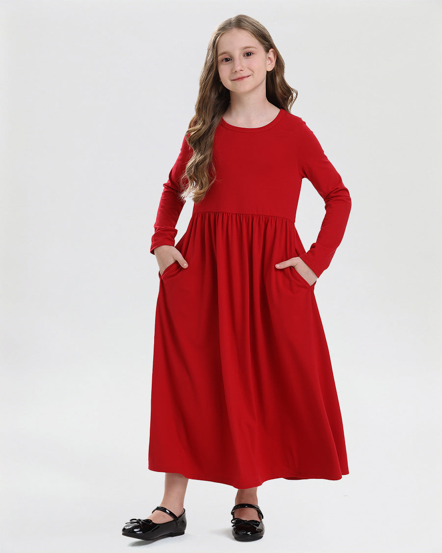 Girls Long Sleeve Knit Maxi Dress in Red