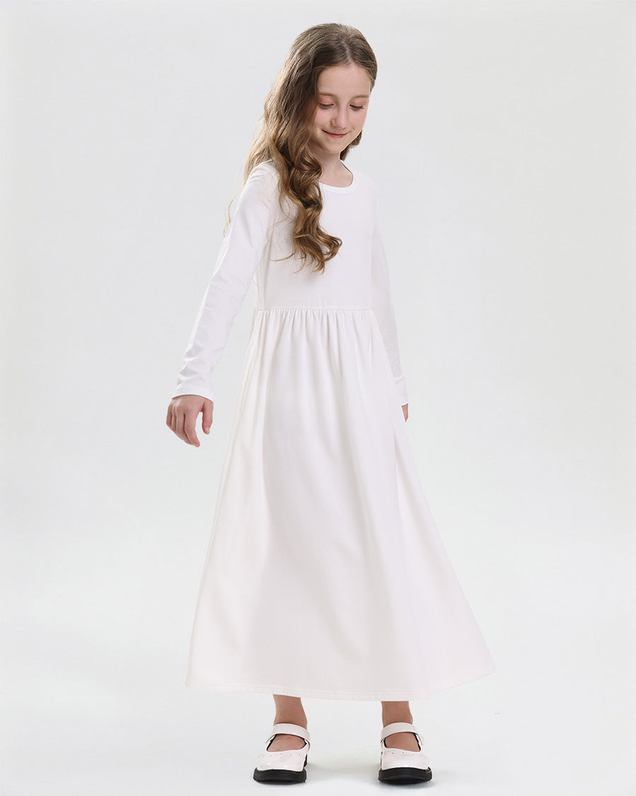 Girls Long Sleeve Knit Maxi Dress in White