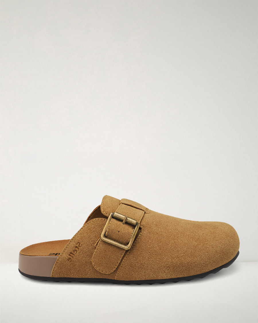 Caramel Square Buckle Suede Clogs