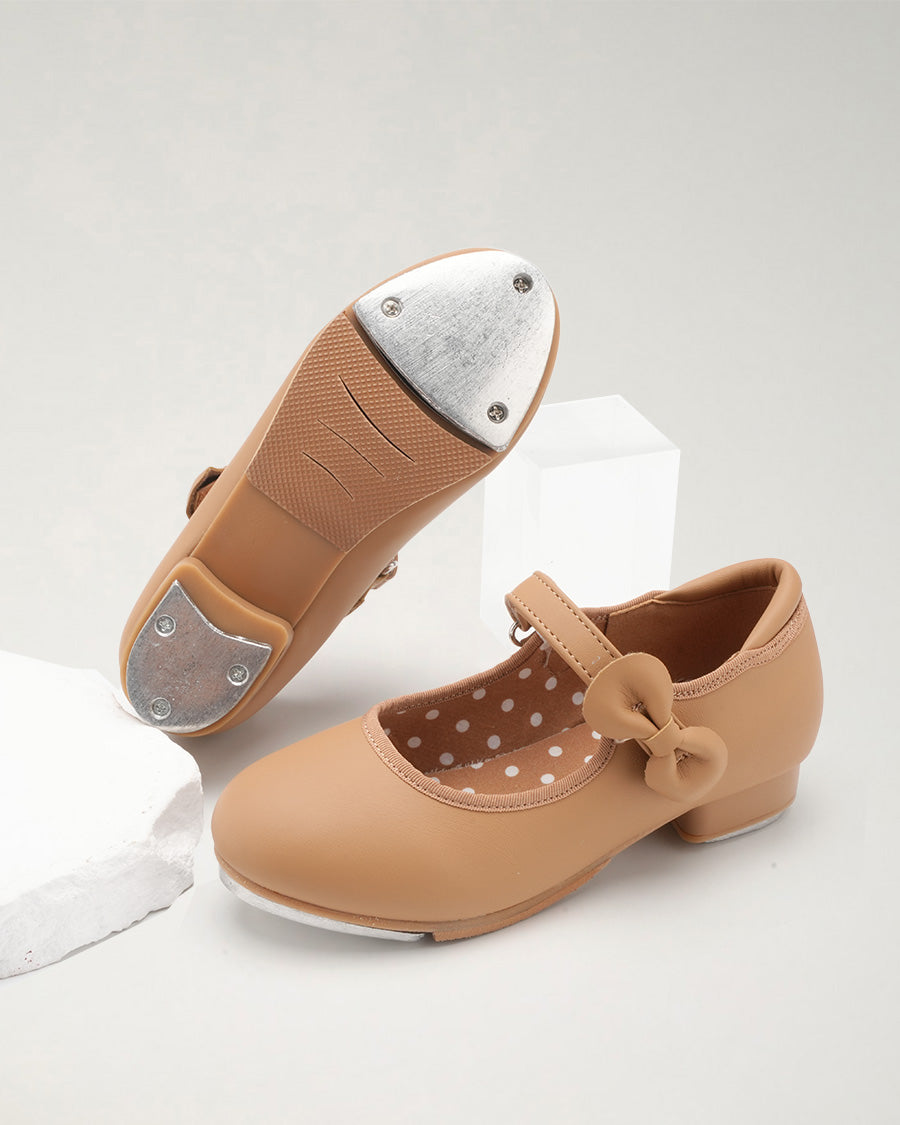 Tan Kids Adjustable Strap Tap Shoes with Bow Embellishment