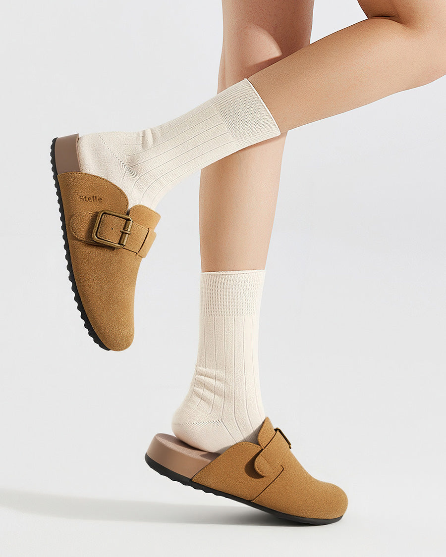Caramel Square Buckle Suede Clogs