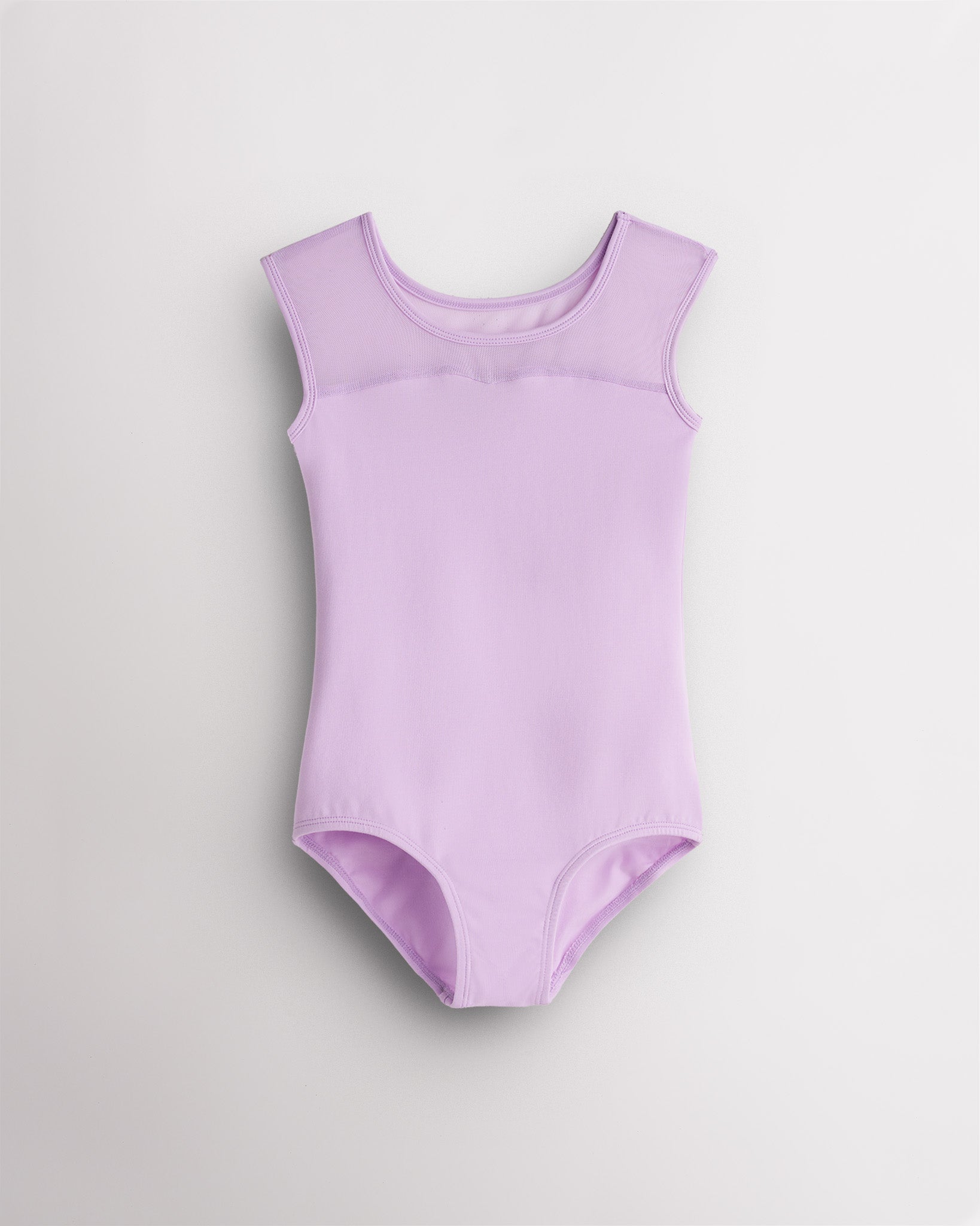 Lavender girls tank leotard with sweetheart mesh insert, soft cotton fabric, and sleeveless ballet design