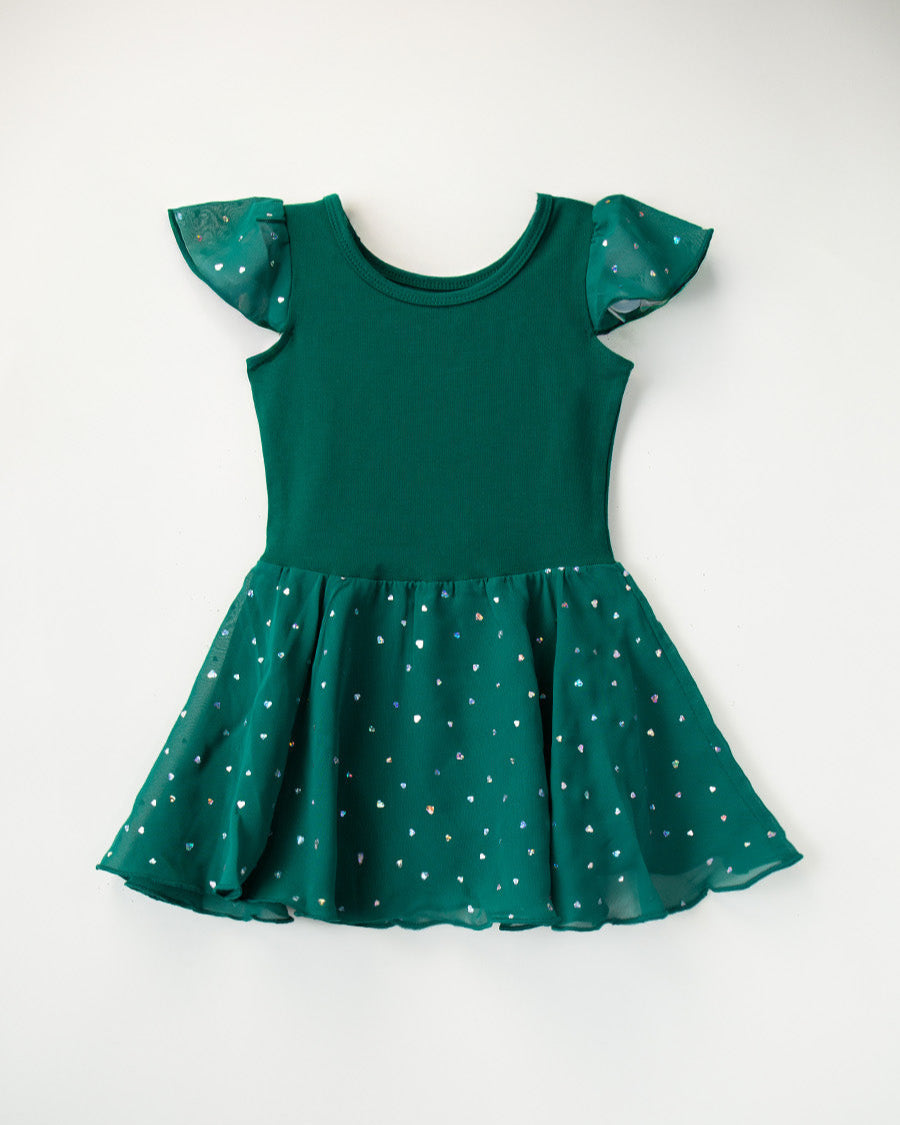 Girls Sparkling Flutter Sleeves Dress in Green