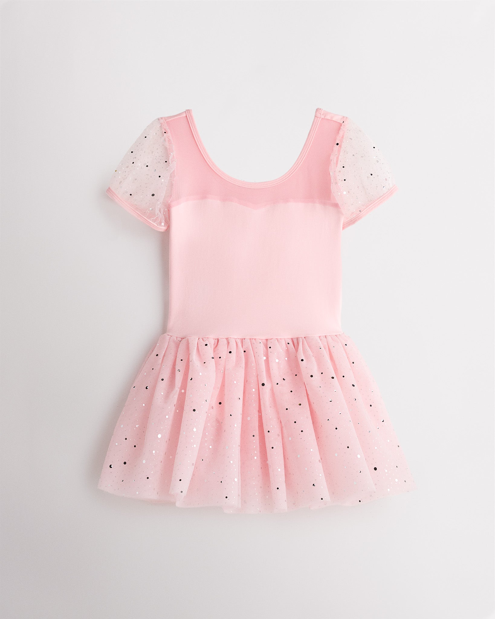 Ballet Pink Girls Sparkling Sweetheart Mesh Inserted Short Sleeves Tulle Dress