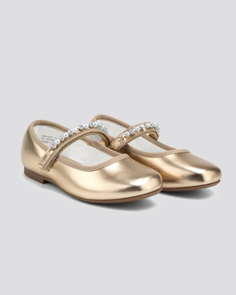 Gold Girls Dress Shoes with Beaded Straps