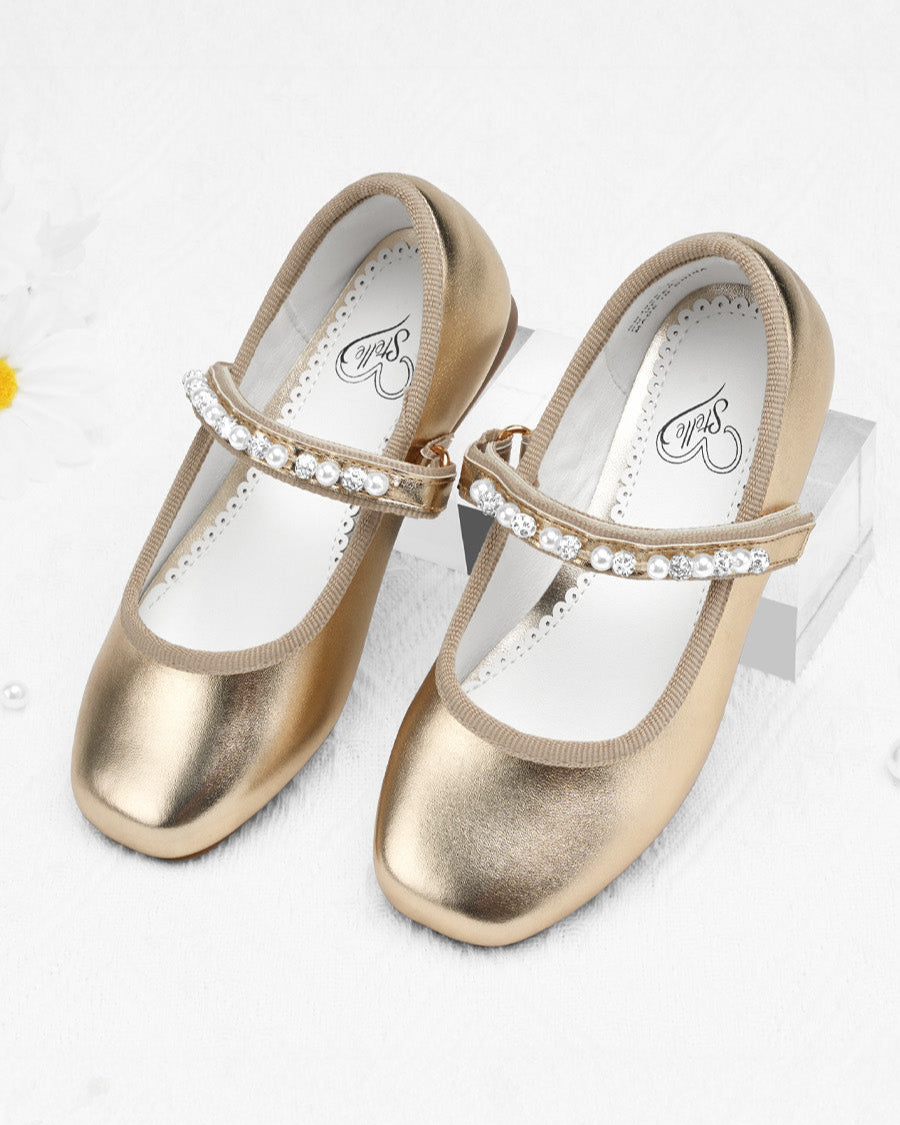 Gold Girls Dress Shoes with Beaded Straps