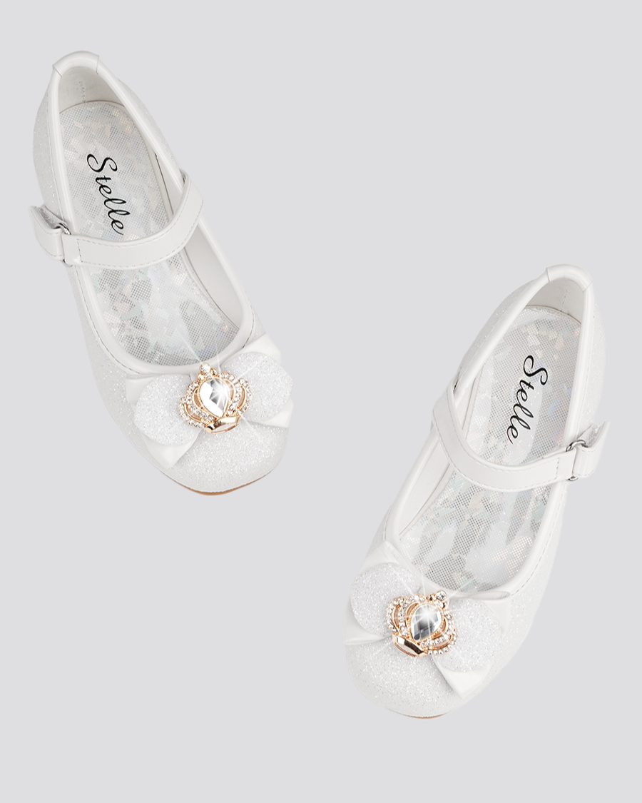 White Girls Crown Glitter Mary Jane Dress Shoes