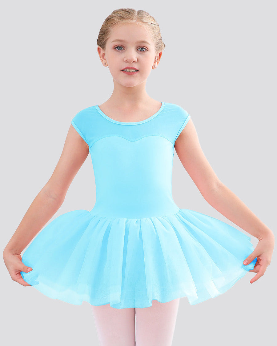 Girls Sweetheart Mesh Inserted Tank Tulle Dress in Pool Blue