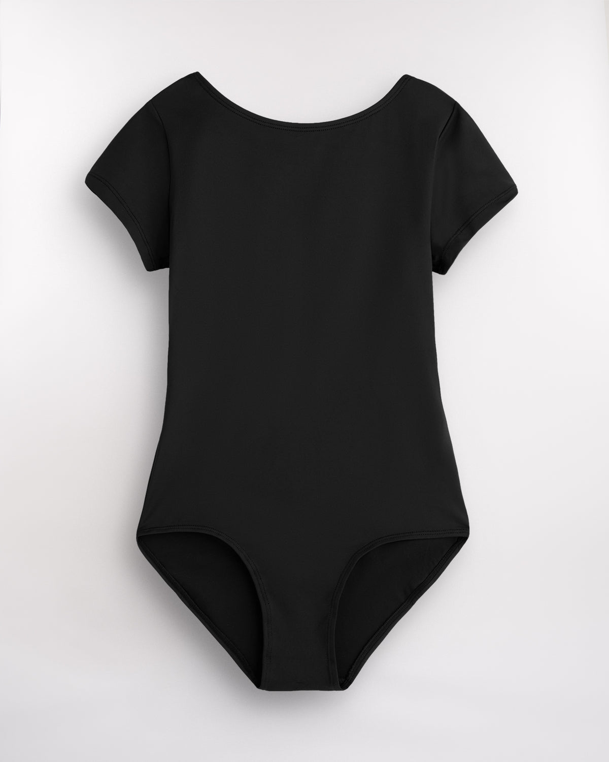 Black short sleeve leotard for women with round neckline, fitted silhouette, and built-in shelf bra lining.