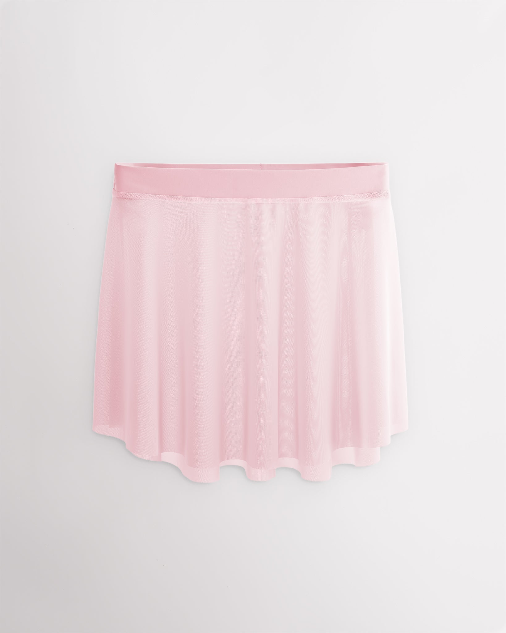 Ballet Pink Studio Mesh Dance Skirt with elastic pull-on waistband, elegant flared silhouette, and high-low hem for ballet and dance.