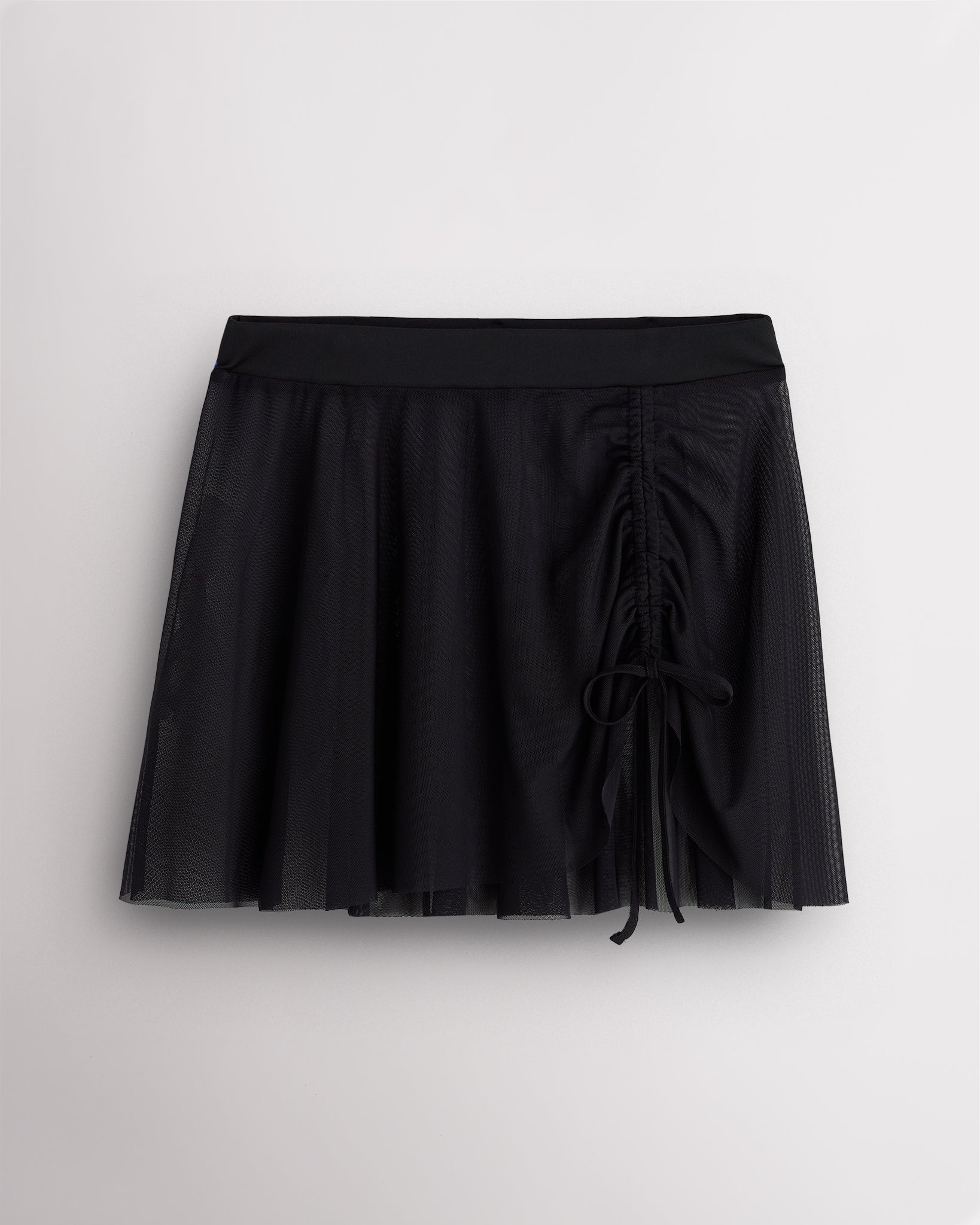 Black Stelle womens adjustable ruched mesh ballet skirt with asymmetrical drawstring detail.