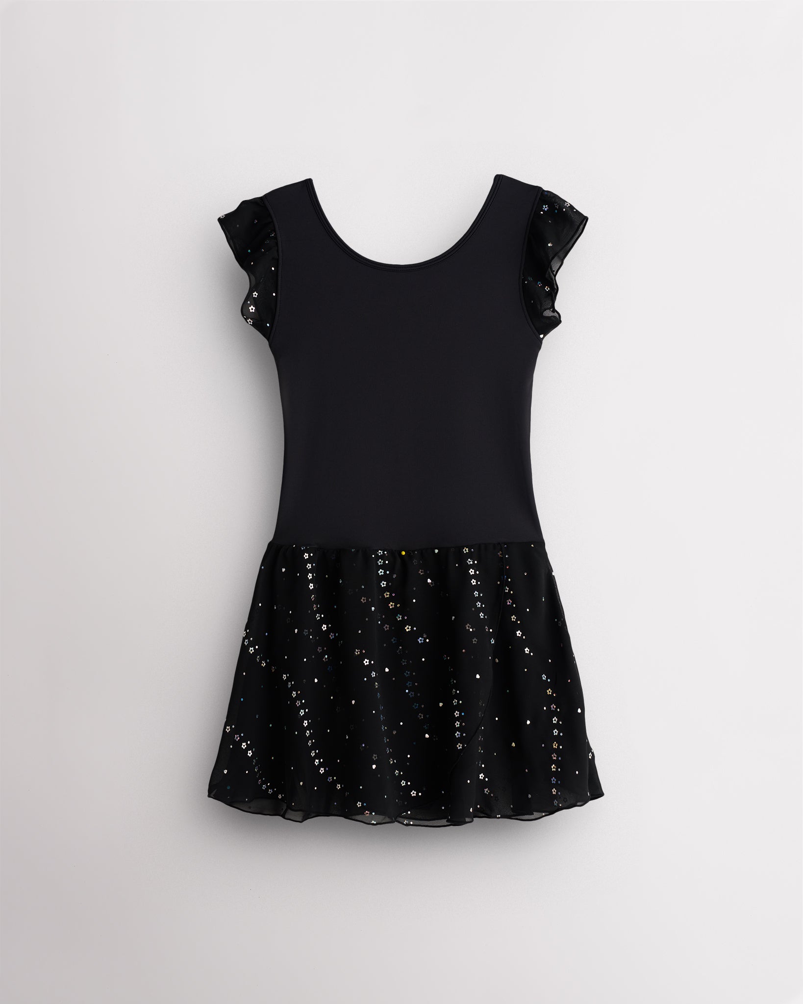 Black girls ballet dress with flutter chiffon sleeves, sequin skirt overlay, and classic crewneck for practice and performances.