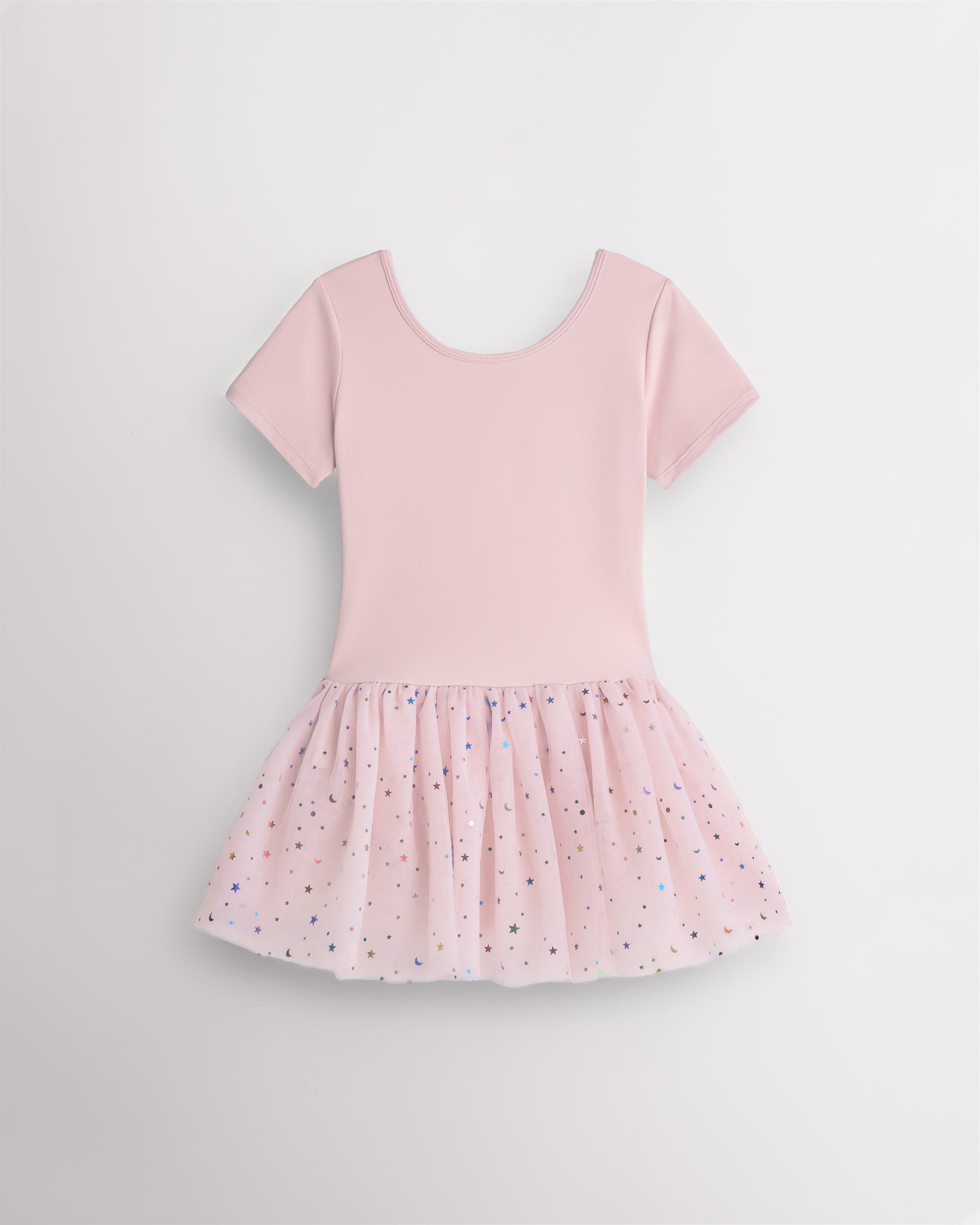 Ballet pink short sleeve girls dance dress with celestial sequin tutu skirt, crewneck bodice, and one-piece ballet design.