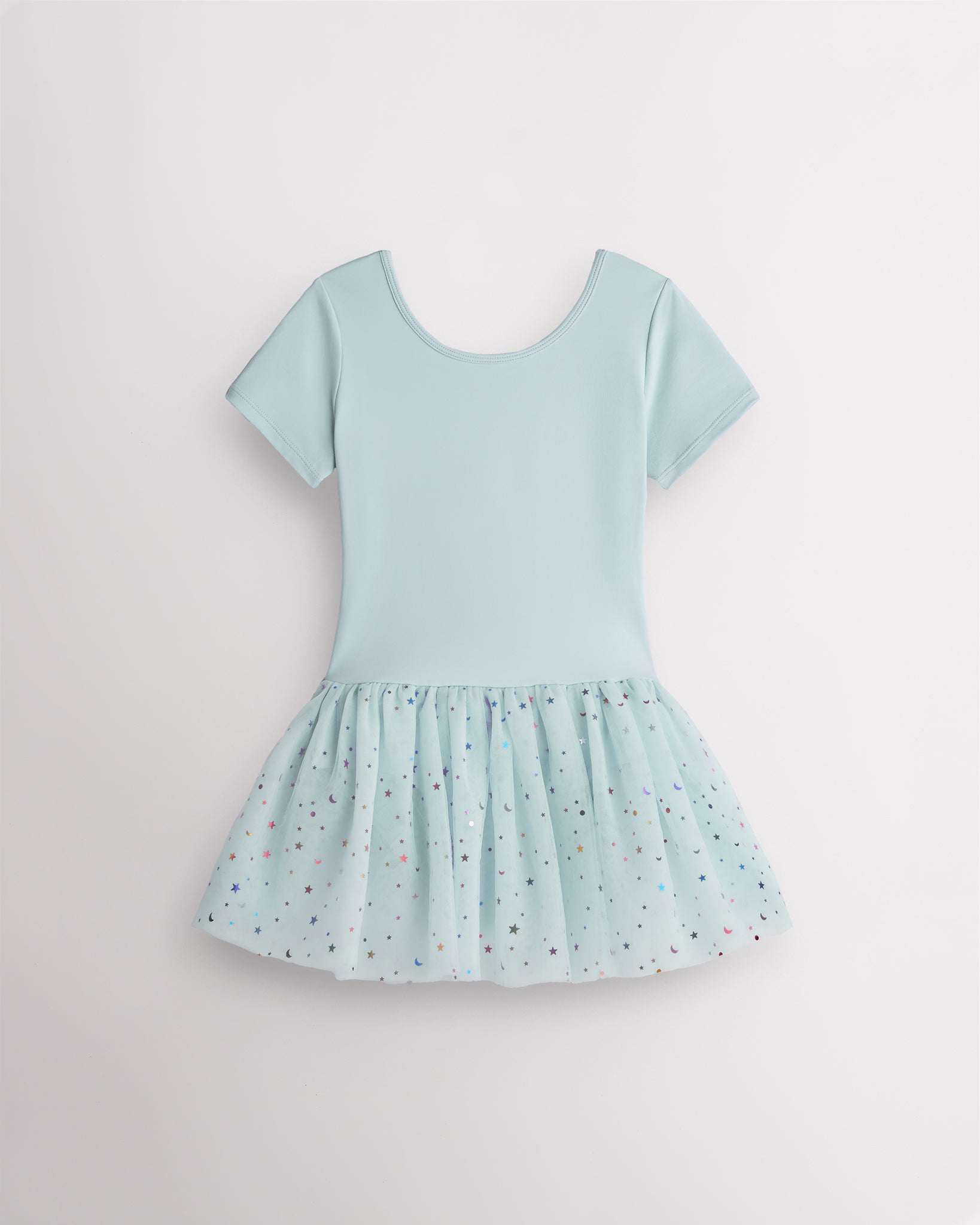 Blue short sleeve girls dance dress with celestial sequin tutu skirt, crewneck bodice, and one-piece ballet design.