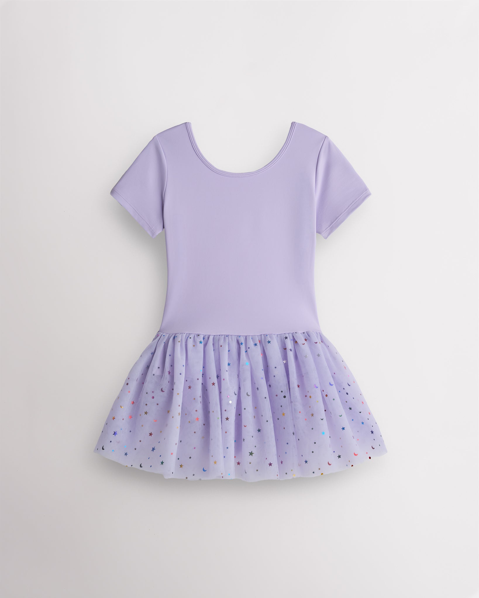 Lavender short sleeve girls dance dress with celestial sequin tutu skirt, crewneck bodice, and one-piece ballet design.
