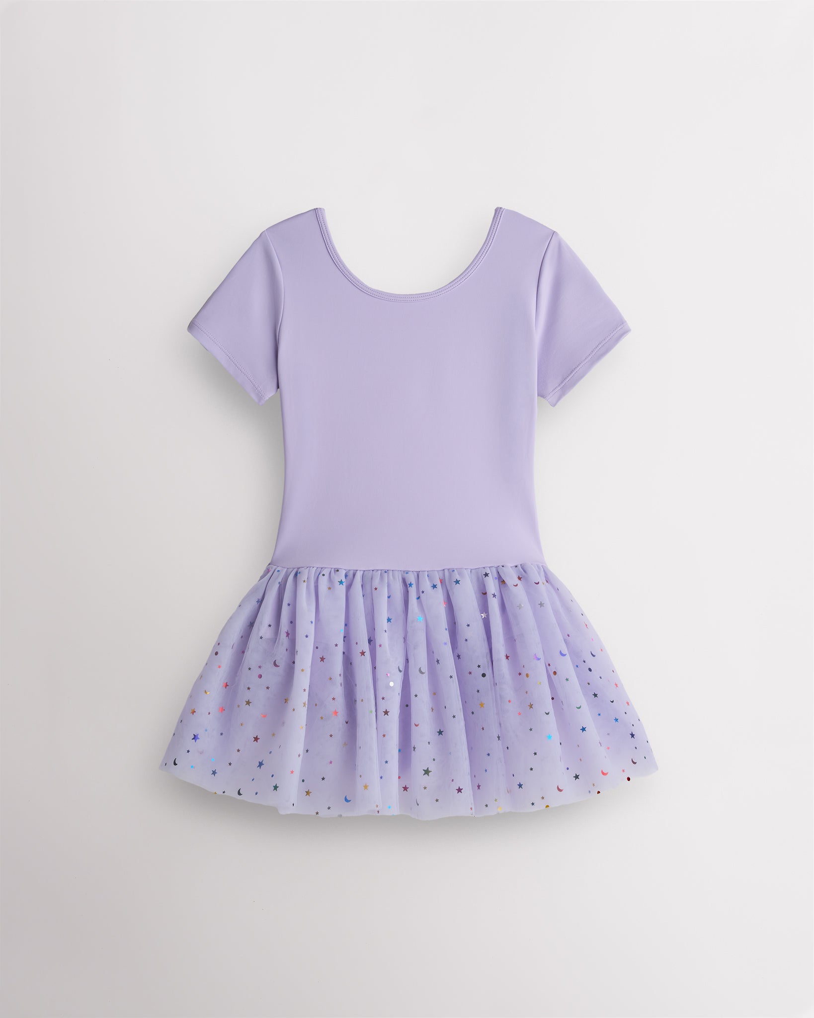 Lavender short sleeve girls dance dress with celestial sequin tutu skirt, crewneck bodice, and one-piece ballet design.