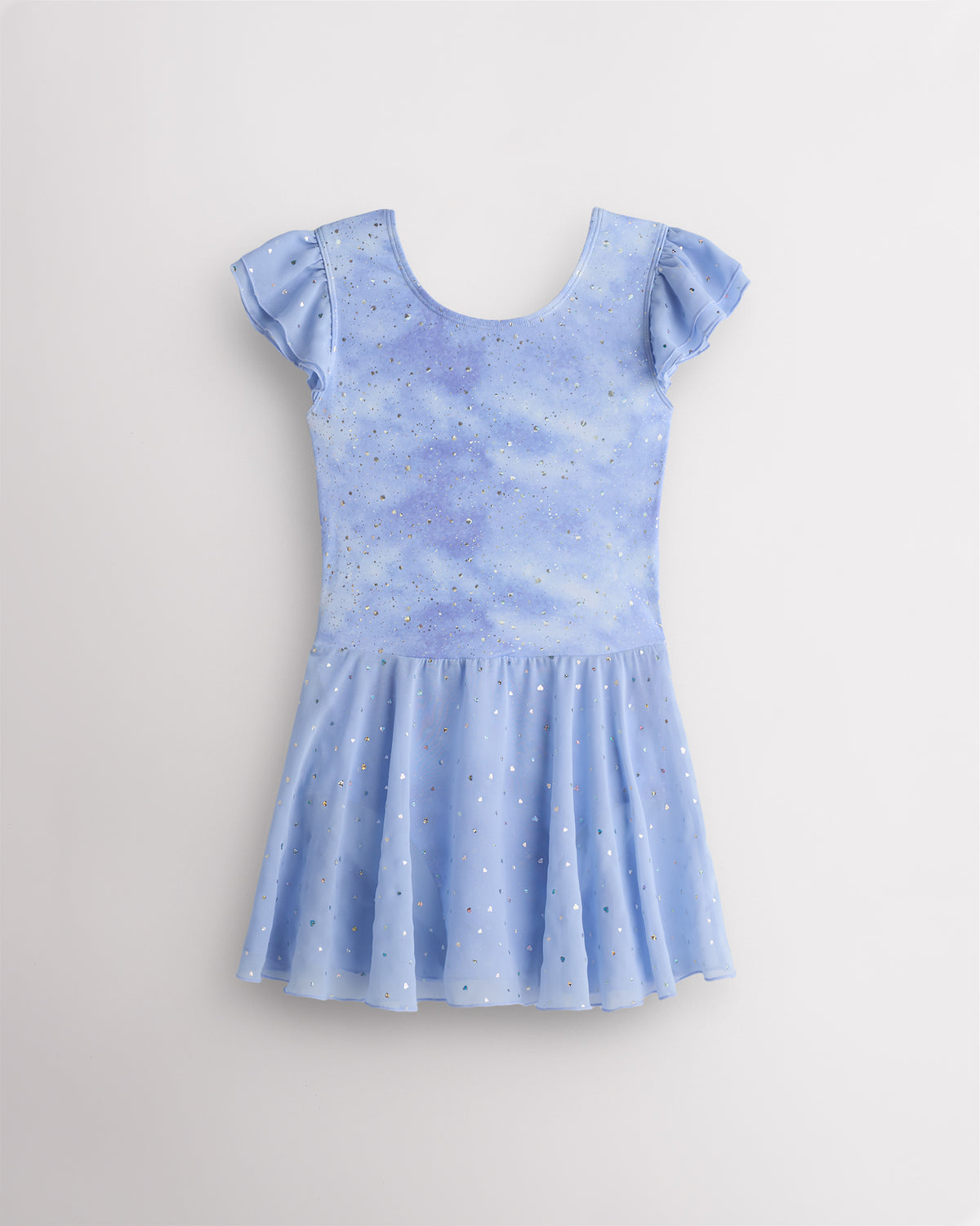Cloudburst Purple girls printed sequin ballet dress laid flat with flutter sleeves, crewneck, fitted bodice, and layered chiffon skirt.
