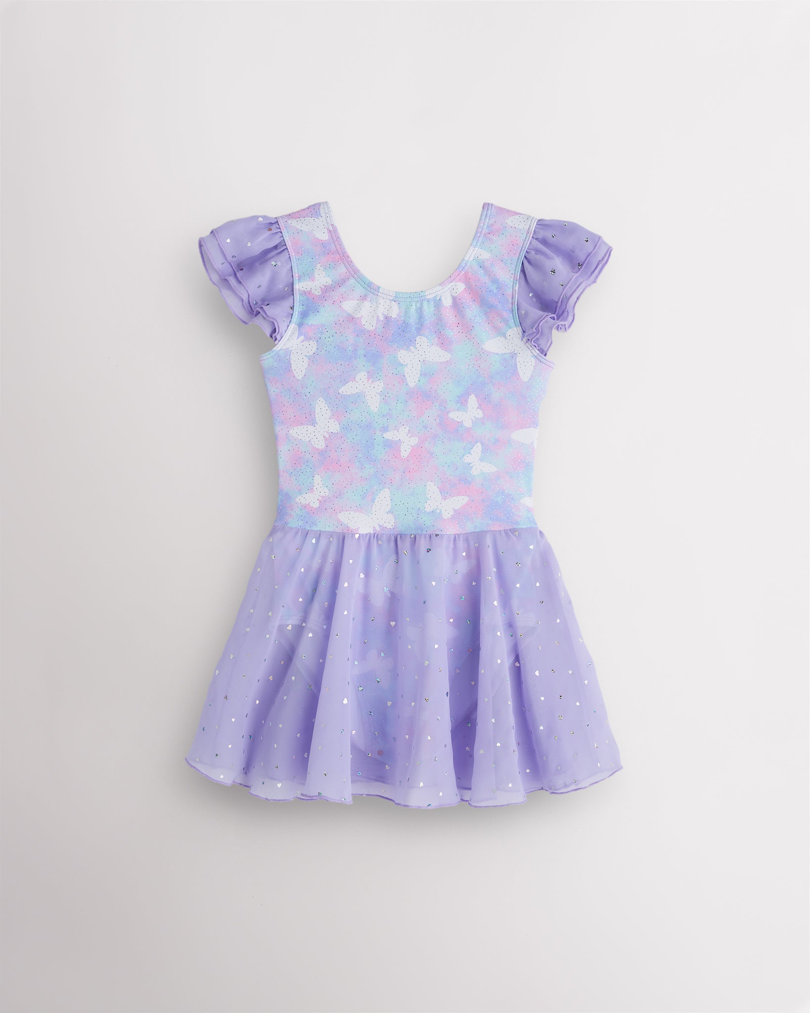 Magic Flutter printed sequin ballet dress for girls with flutter chiffon sleeves, classic crewneck, and a flowy skirt.