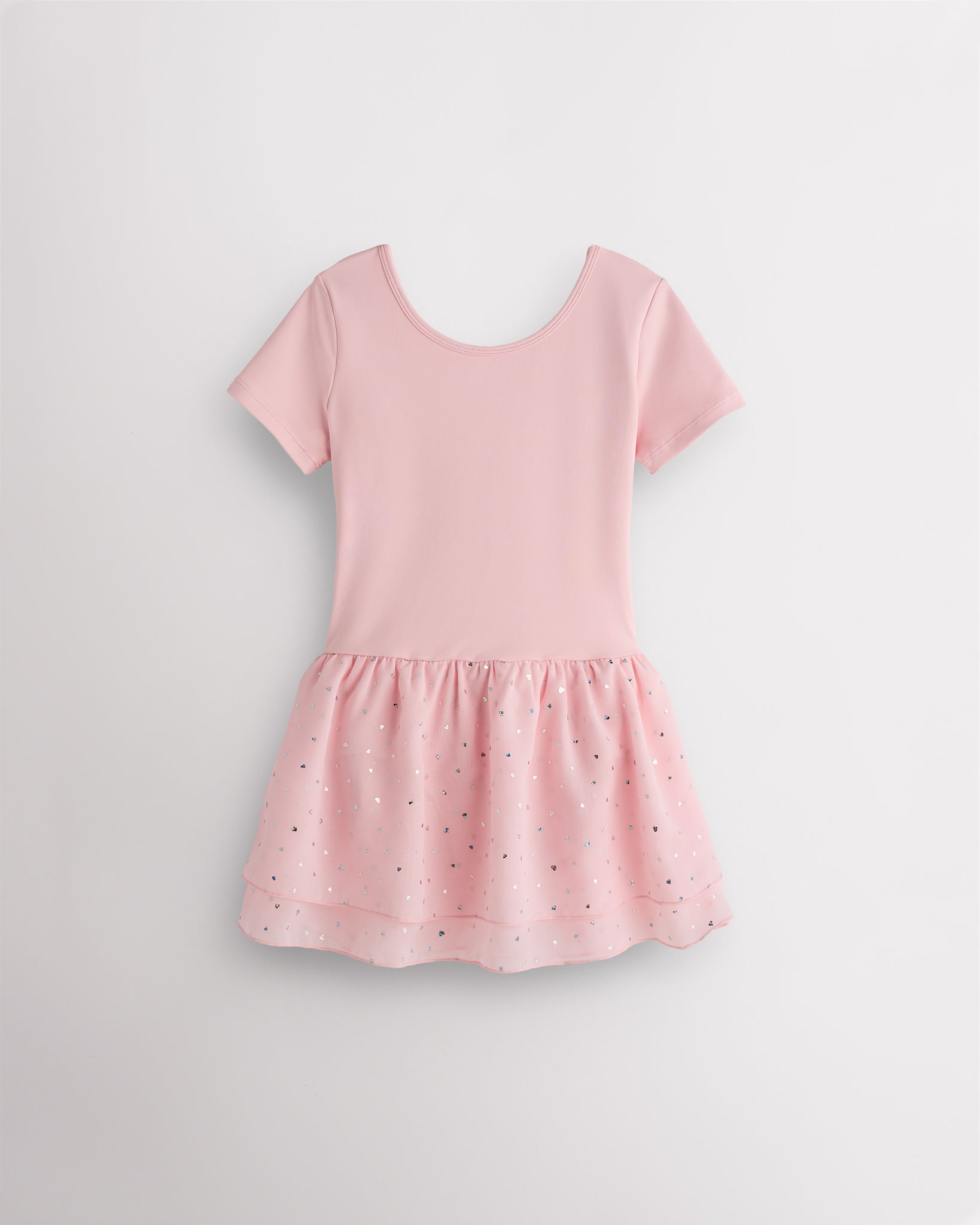 Ballet pink girls performance sequin ballet dress with short sleeves, classic crewneck, and chiffon skirt with heart-shaped sequins.