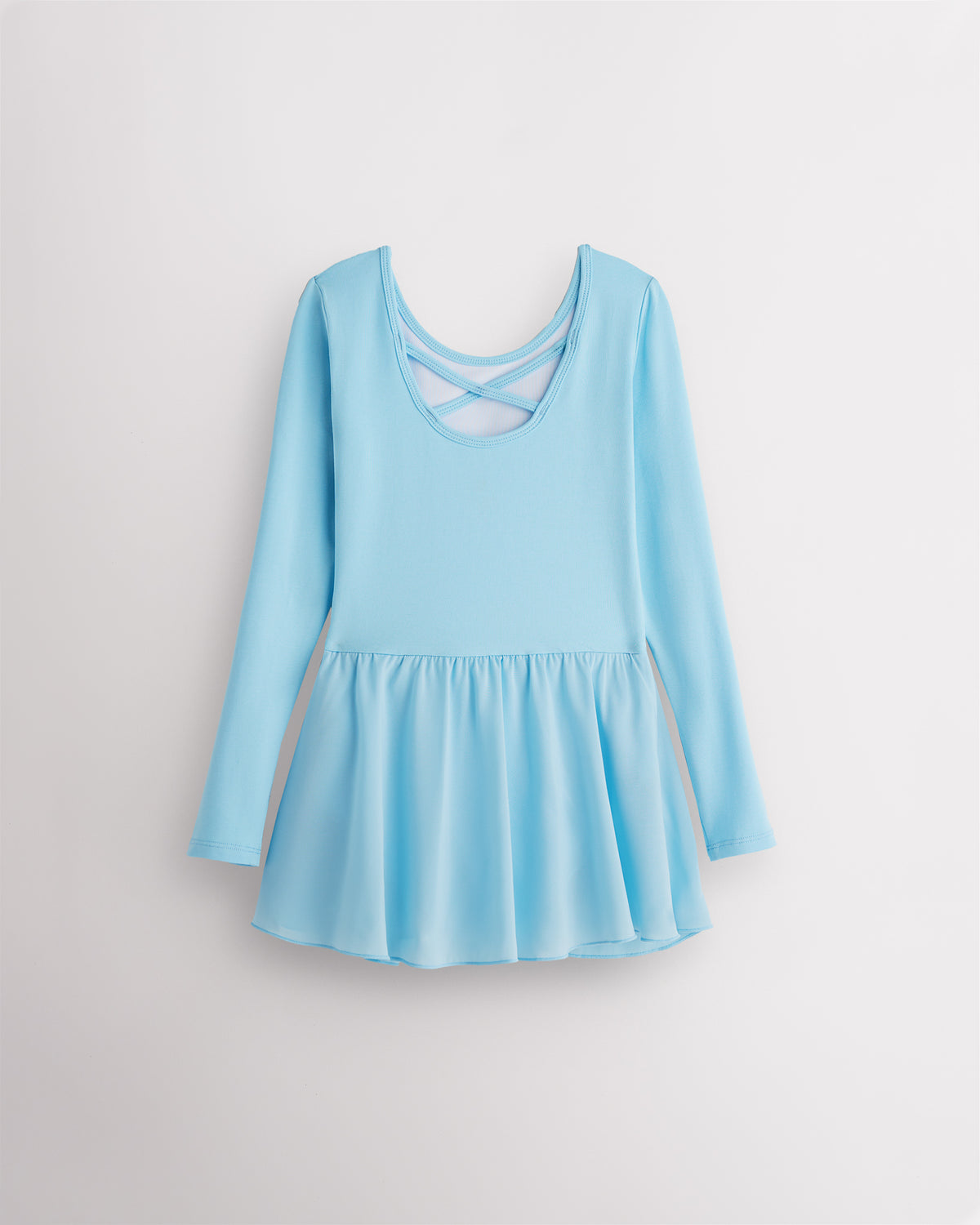 Back view of blue girls ballet dress laid flat showing the crisscross back, long sleeves, and attached chiffon wrap skirt.