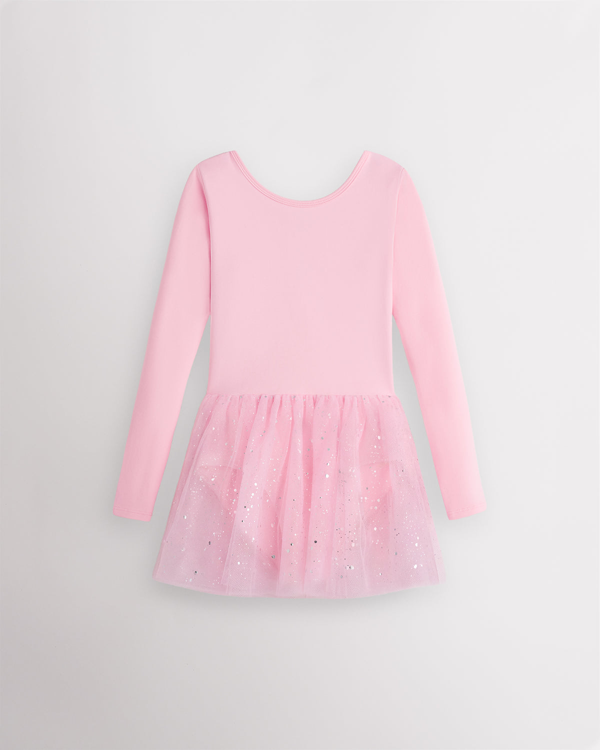 Ballet Pink girls long sleeve ballet dress with round neckline, built-in leotard, attached mesh skirt, and front lining.