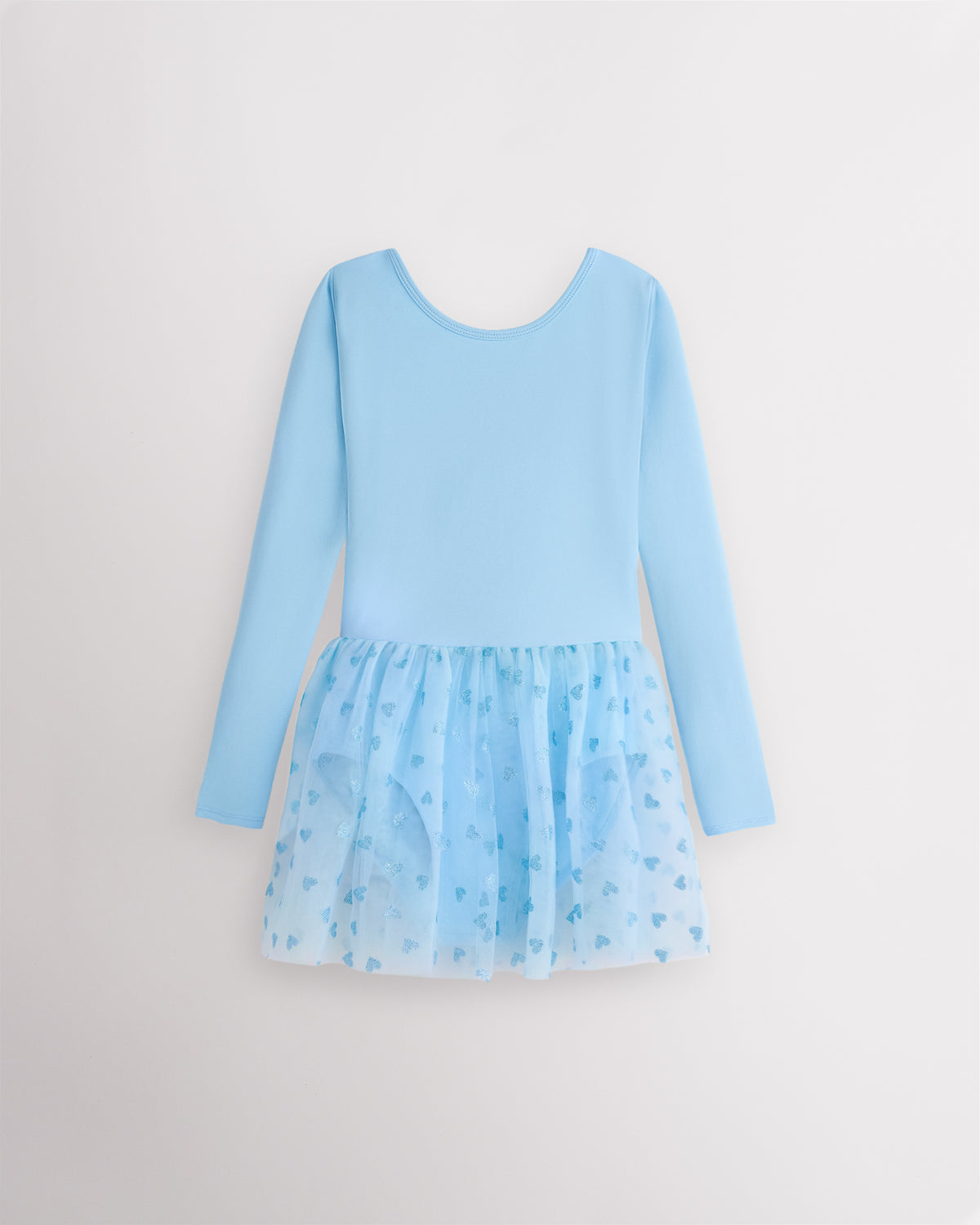 Blue girls long sleeve ballet dress with round neckline, built-in leotard, attached mesh skirt, and front lining.