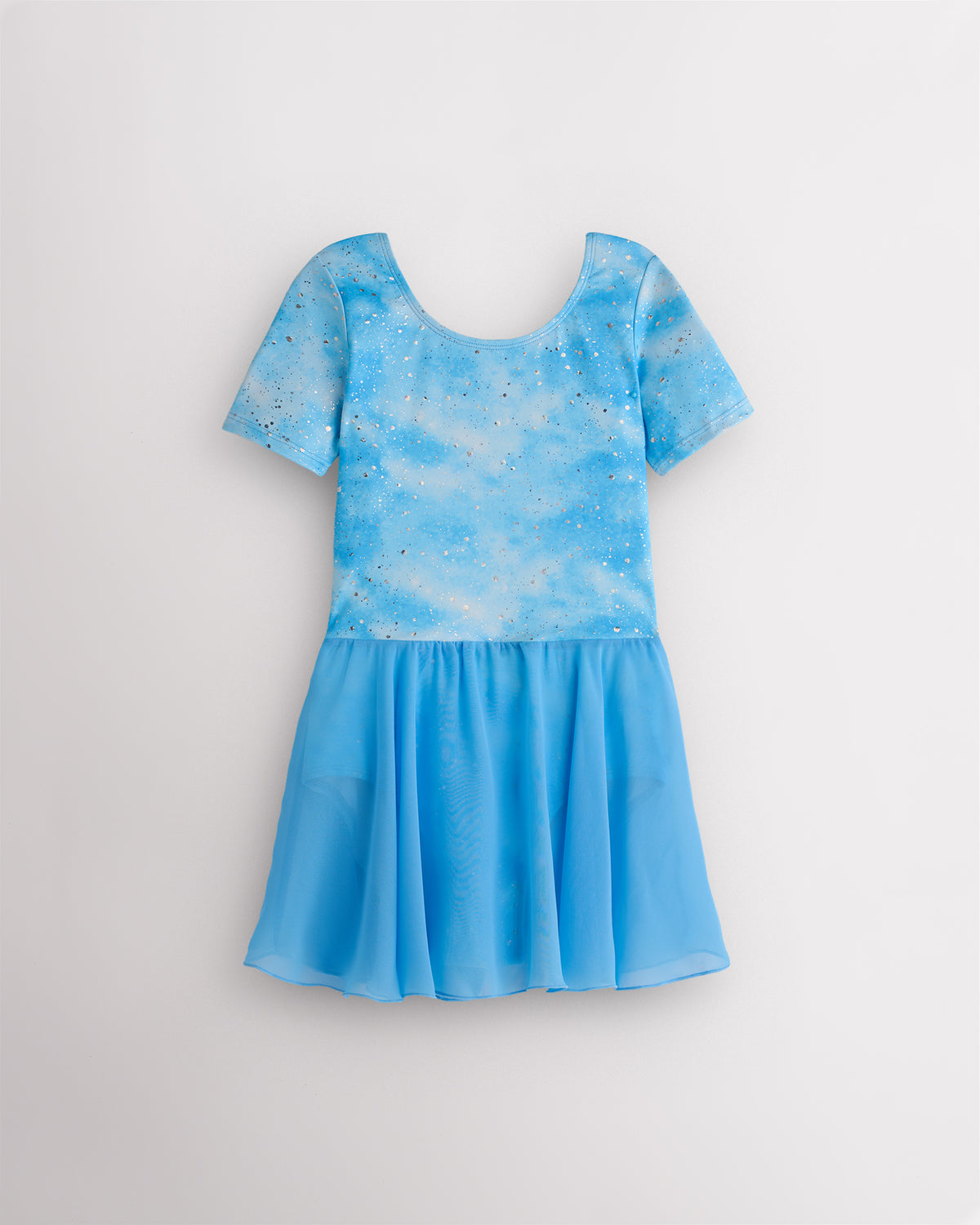 Cloudburst Blue girls short sleeve ballet dress with shimmering blue print, round neckline, and attached lightweight skirt.