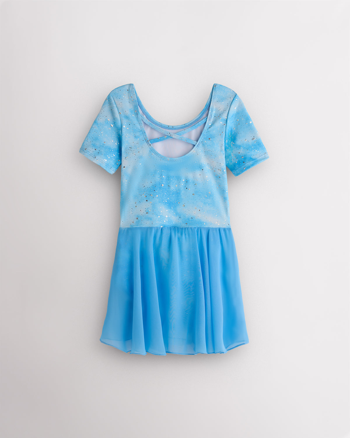 Back view of Cloudburst Blue dance ballet dress with crisscross back detail, short sleeves, and attached skirt.