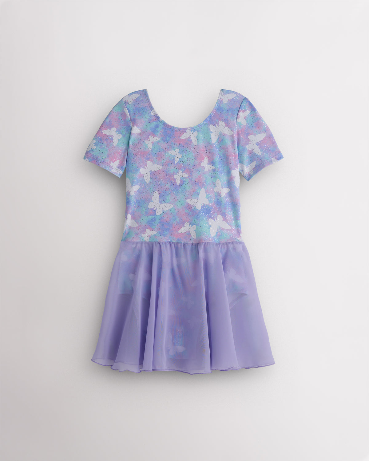 Magic Flutter girls short sleeve ballet dress with pastel butterfly print, round neckline, and lavender attached skirt.
