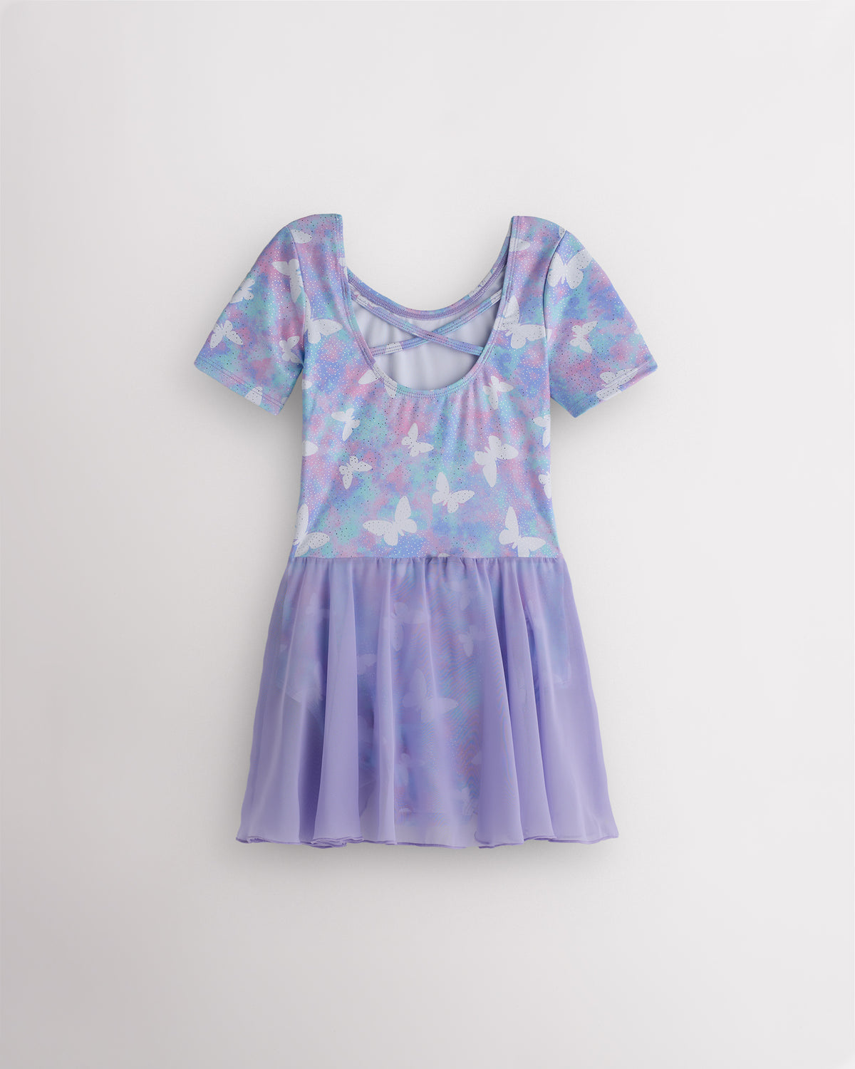 Back view of Magic Flutter dance ballet dress with crisscross back detail, butterfly print, and lavender skirt.