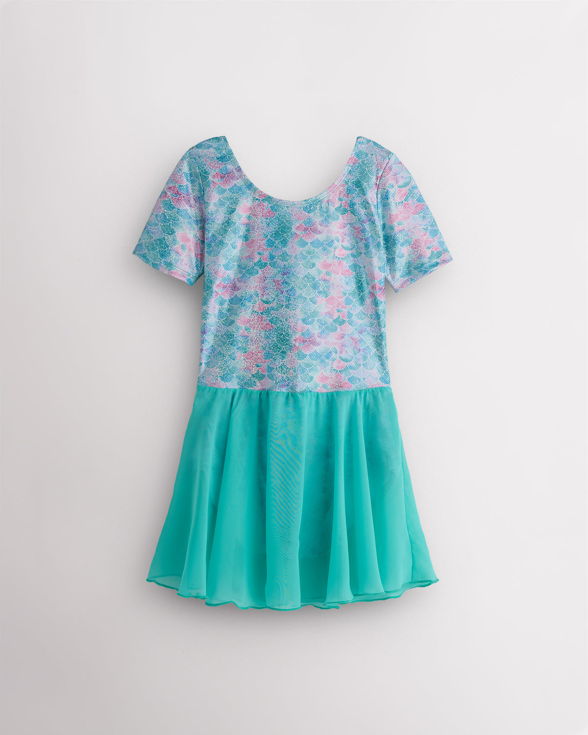 Mermaid Sparkle girls short sleeve ballet dress with aqua and pink shimmering print, round neckline, and turquoise attached skirt.