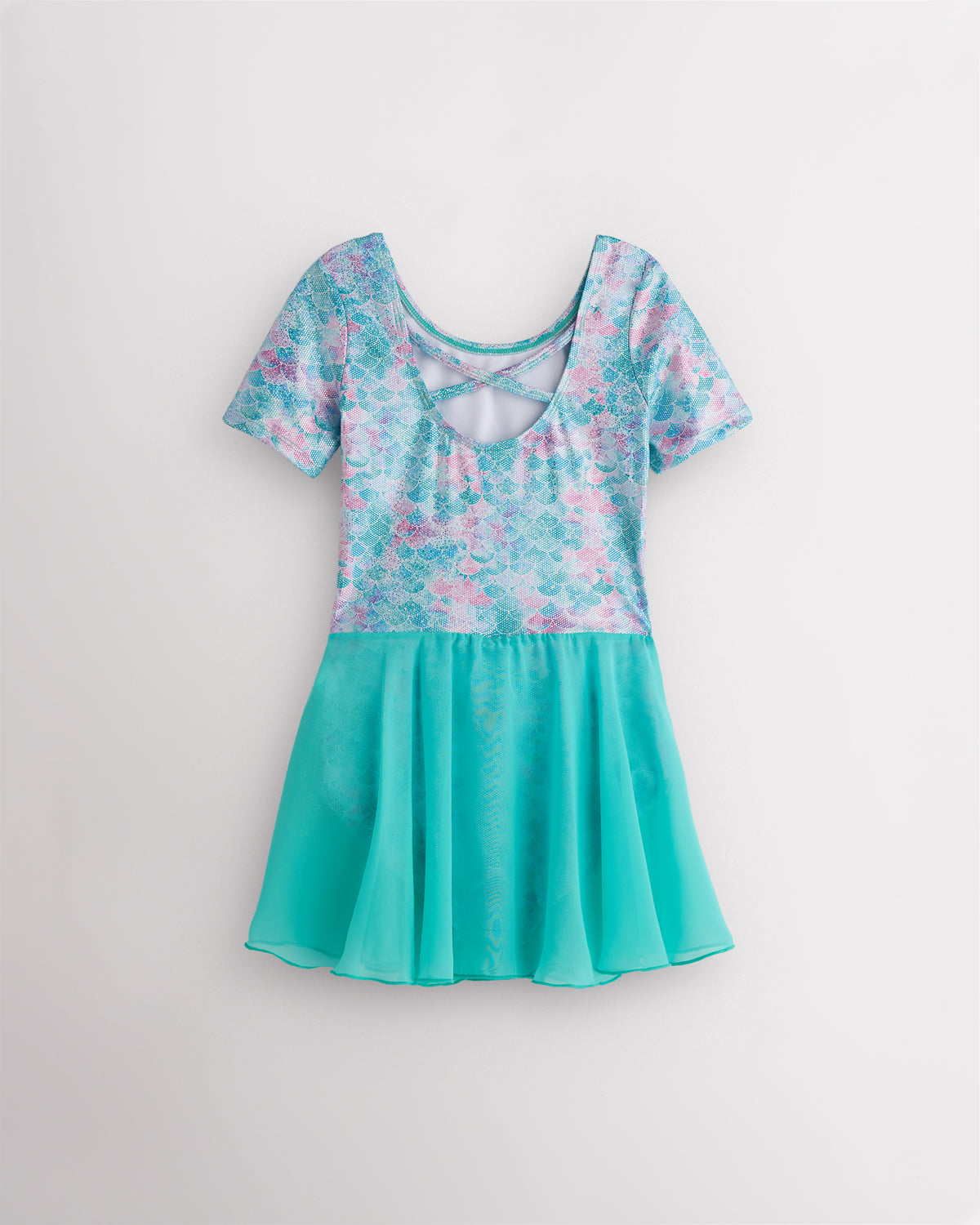 Back view of Mermaid Sparkle dance ballet dress with crisscross back detail and turquoise lightweight skirt.