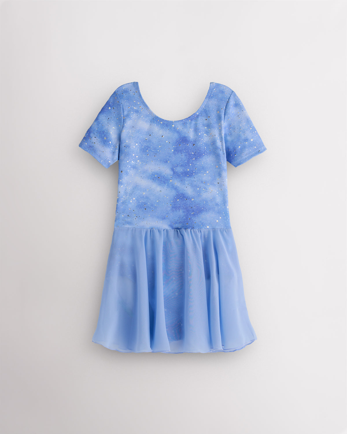 Cloudburst Purple girls short sleeve ballet dress with shimmering purple-blue print, round neckline, and attached skirt.