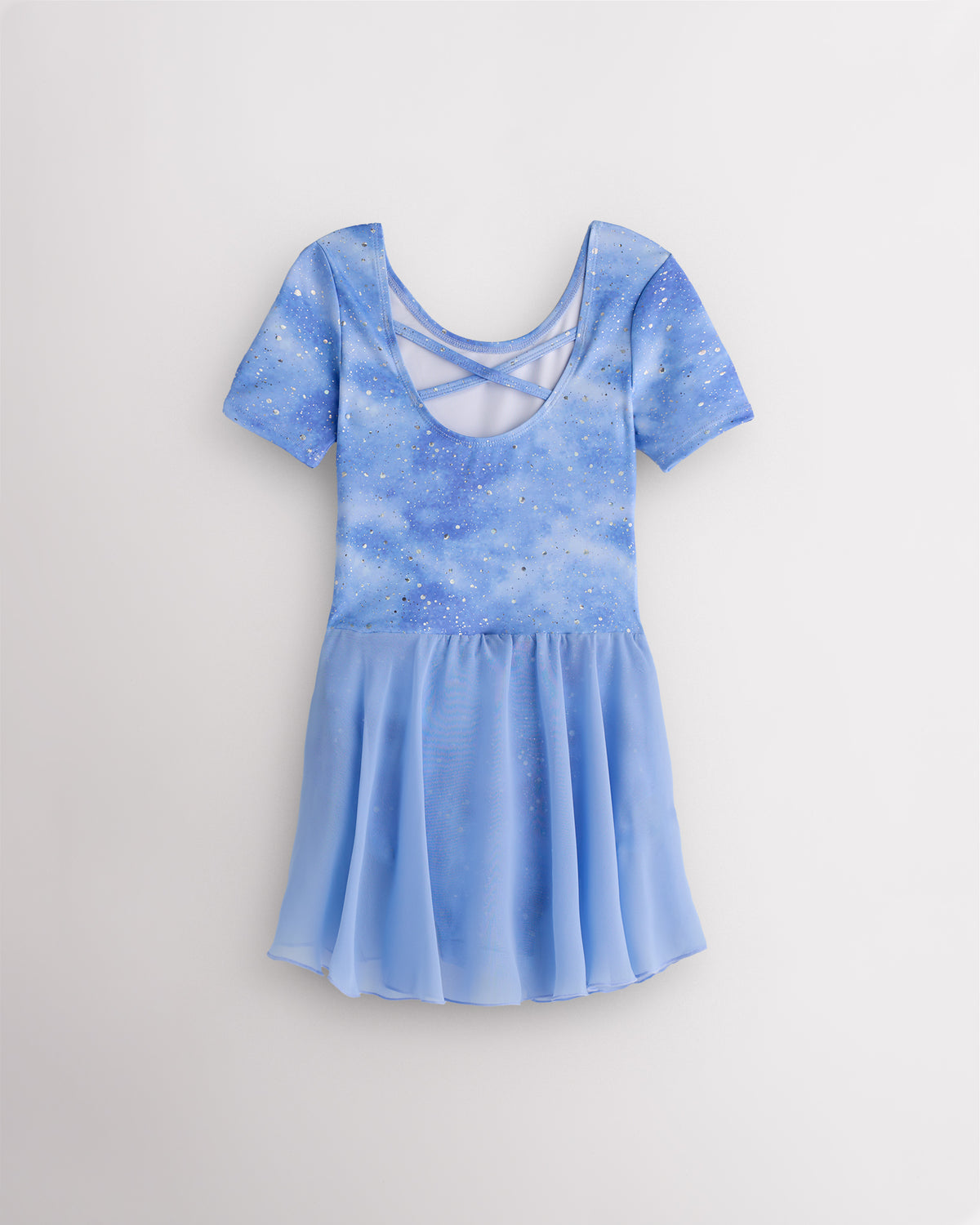 Back view of Cloudburst Purple dance ballet dress with crisscross back detail and lightweight skirt.