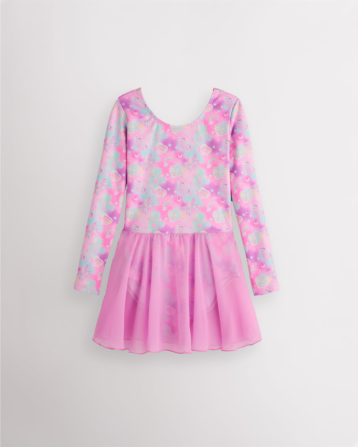 Bow Dreams girls long sleeve ballet dress with shimmering butterfly print, round neckline, fitted bodice, and attached lavender lightweight skirt.