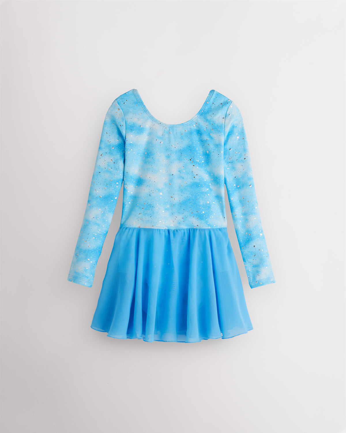 Cloudburst Blue girls long sleeve ballet dress with shimmering butterfly print, round neckline, fitted bodice, and attached lavender lightweight skirt.