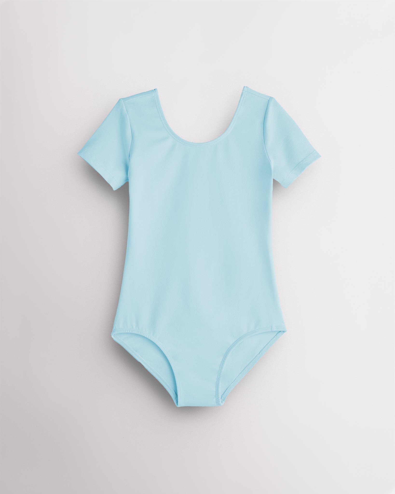 Blue leotard for girls with short sleeves, scoop neckline, and smooth performance fabric for ballet and dance.