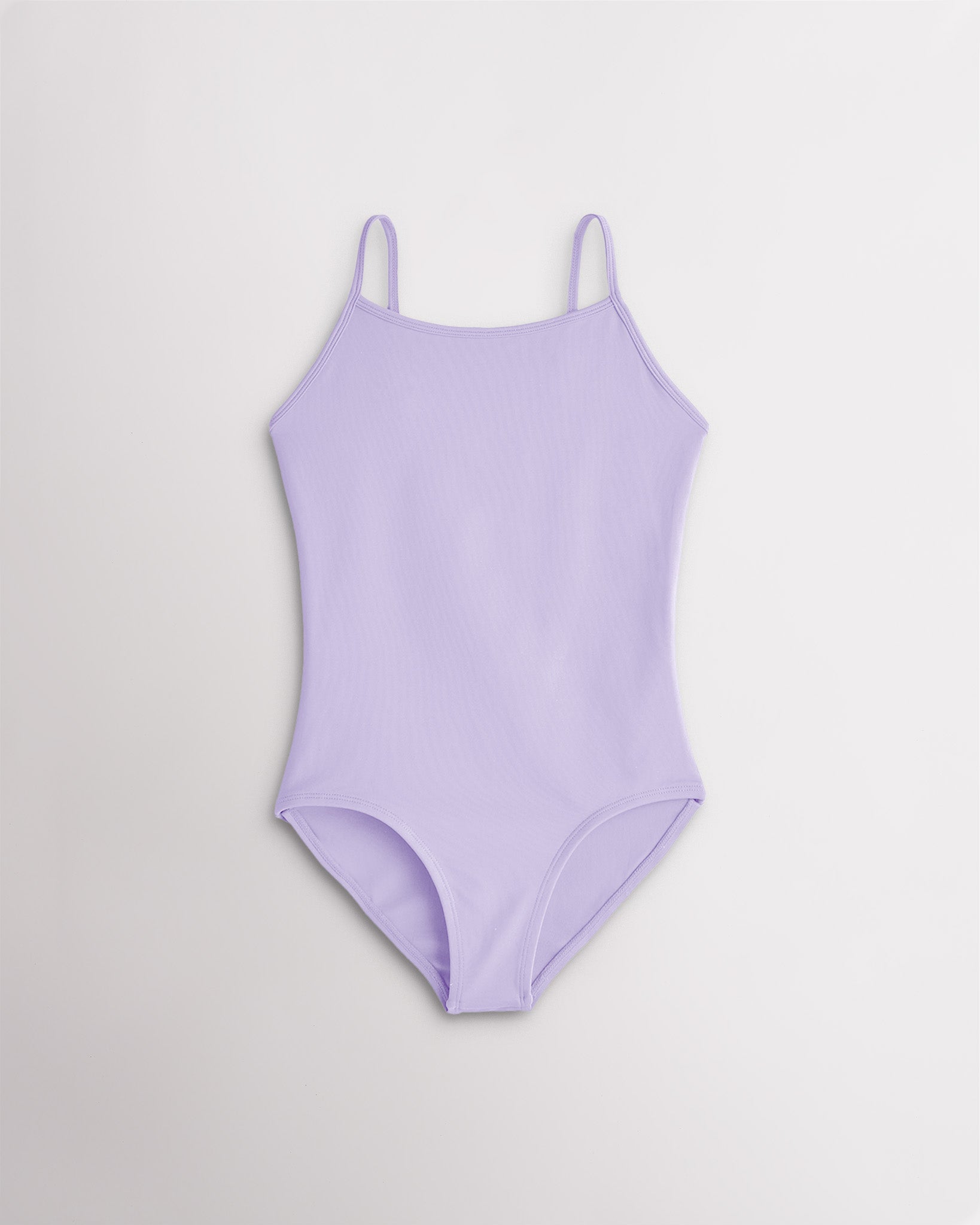 Girls lavender camisole leotard with adjustable straps and smooth stretch fabric for ballet and gymnastics.