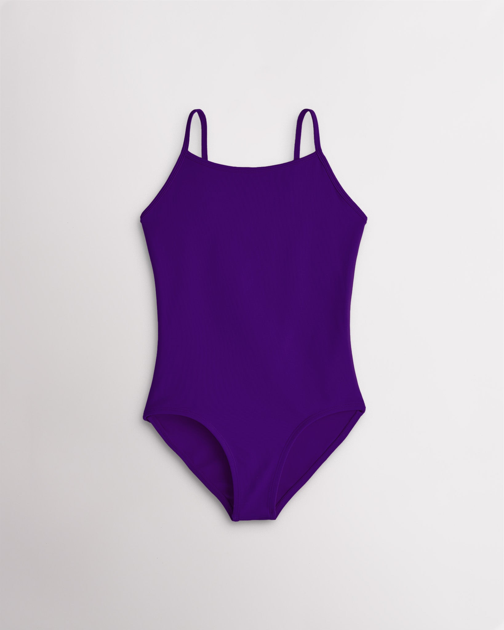 Girls purple camisole leotard with adjustable straps and smooth stretch fabric for ballet and gymnastics.