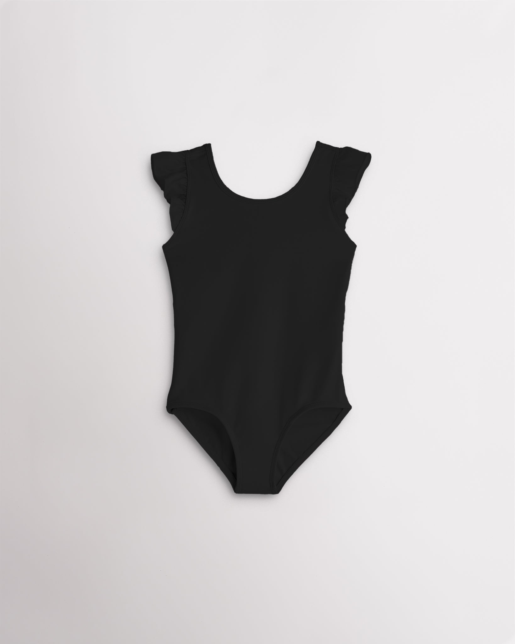 Girls black leotard with flutter chiffon sleeves, scoop neck, and full front lining for dance class.