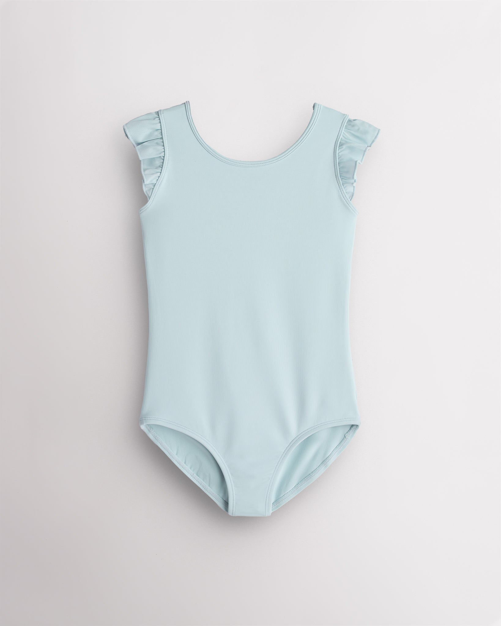 Blue Stelle girls leotard with flutter sleeves, scoop neckline, and fitted design for dance, gymnastics, and performance practice.