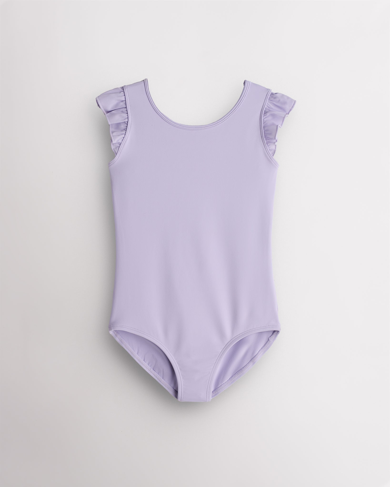 Lavender Stelle girls leotard with flutter sleeves, scoop neckline, and fitted design for dance, gymnastics, and performance practice.