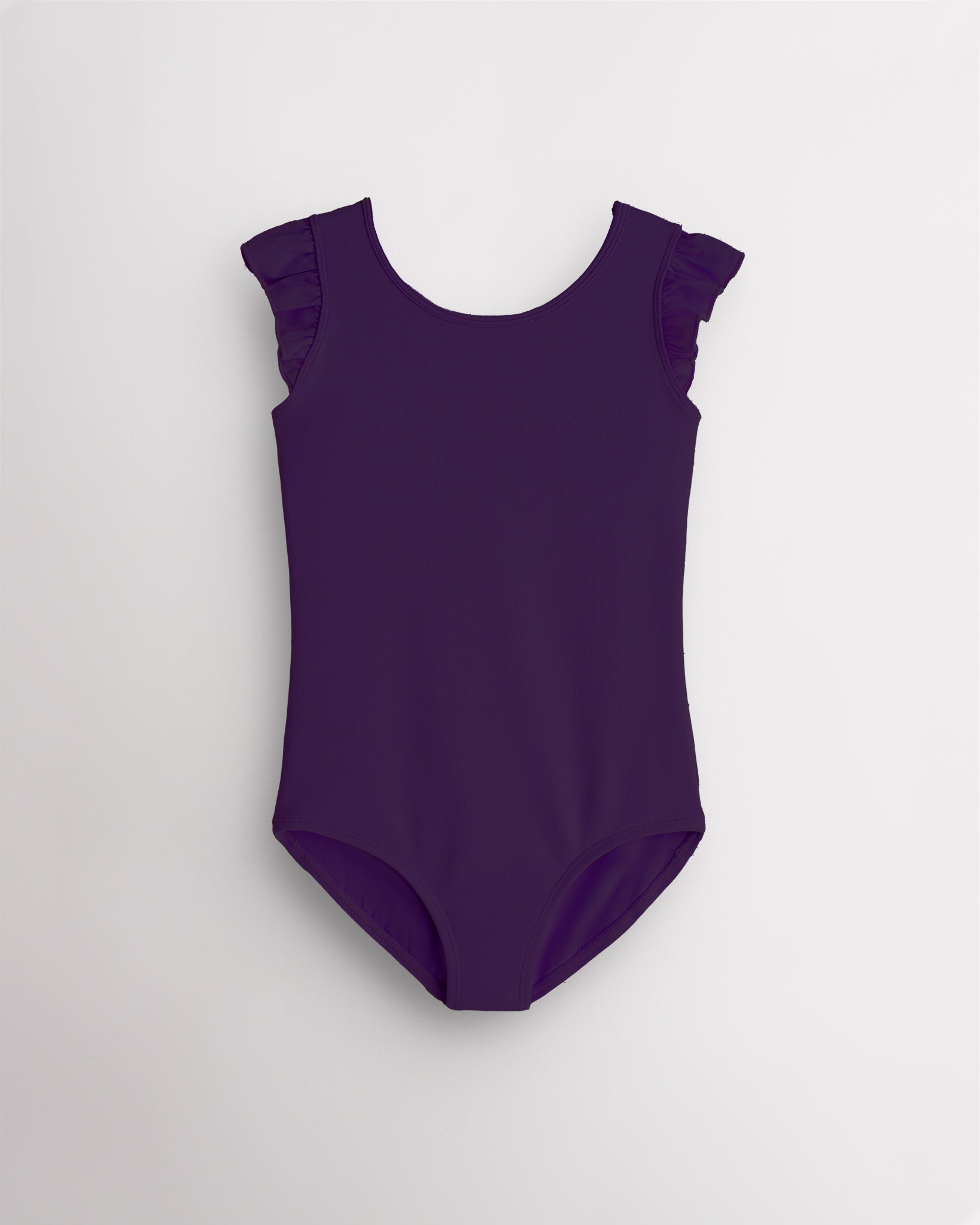 Purple Stelle girls leotard with flutter sleeves, scoop neckline, and fitted design for dance, gymnastics, and performance practice.