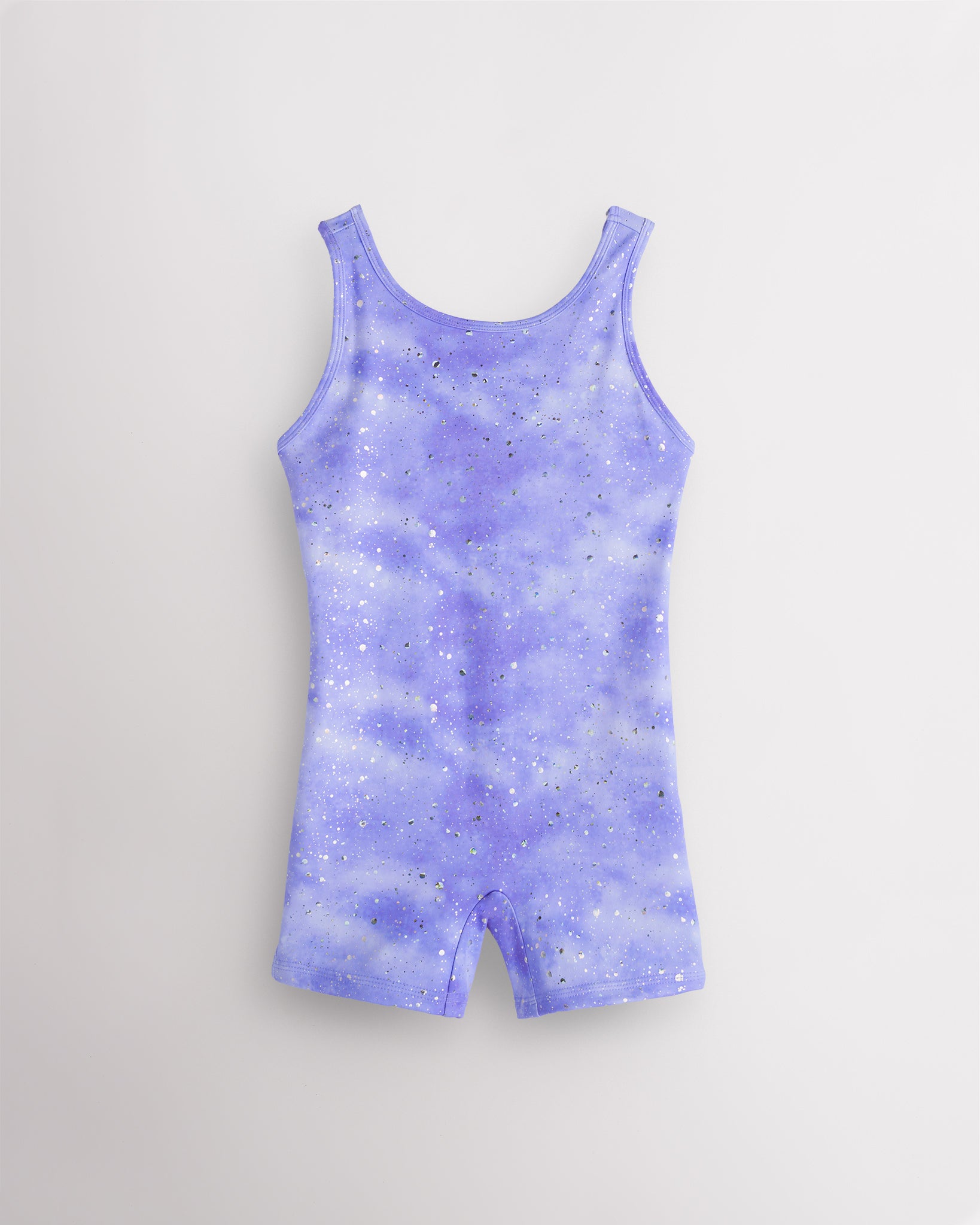 Cloudburst Purple girls gymnastics unitard with built-in shorts, sleeveless tank design, round neckline, and playful in-house print.